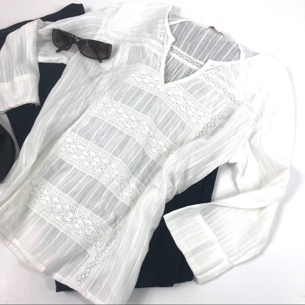 Ella Moss White Lace V-Neck 3/4 Sleeve Top S